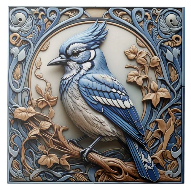 Blue Jay - Art Nouveau Ceramic Tile (Front)