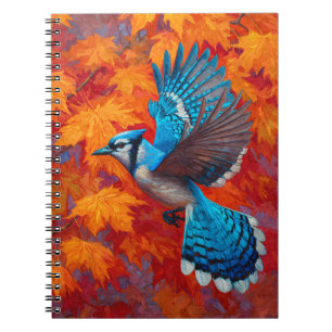 Blue Jay Autumn Maple Leaves Flight Art Notebook