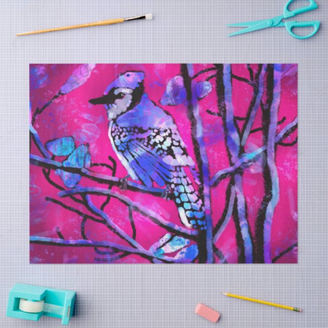 Blue Jay Bird Abstract Art Pink Decoupage Tissue Paper (Craft)