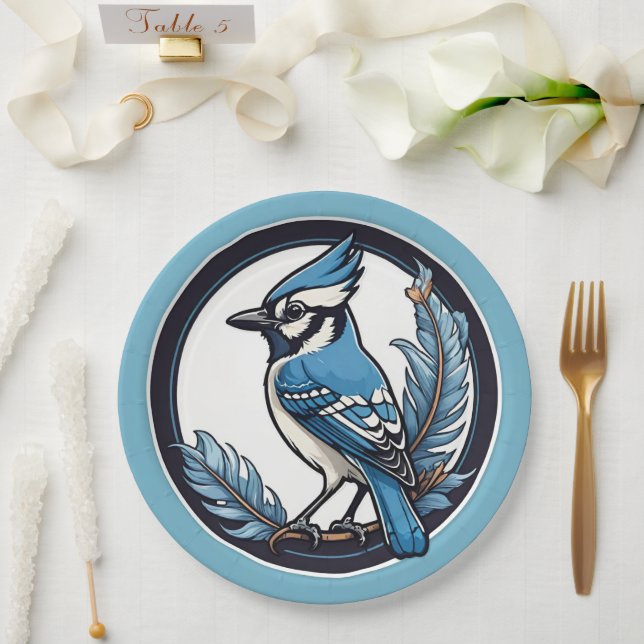 Blue Jay Bird and Feathers Blue Paper Plate (Wedding)