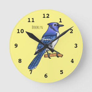 Blue jay bird cartoon illustration  round clock