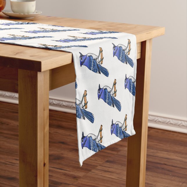 Blue jay bird cartoon illustration short table runner (In Situ)