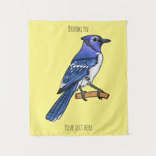 Blue jay bird cartoon illustration tapestry
