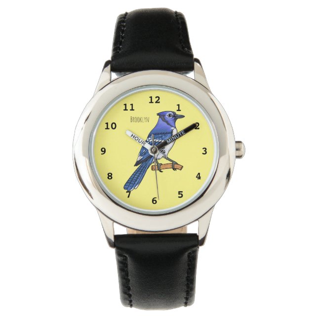 Blue jay bird cartoon illustration  watch (Front)