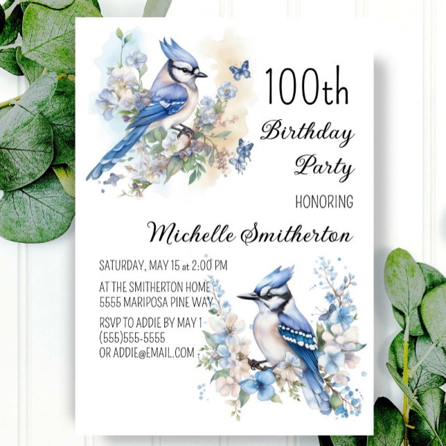Blue Jay Bird Flowers Springtime 100th Birthday Invitation (Creator Uploaded)
