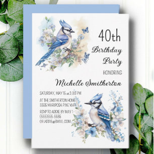 Blue Jay Bird Flowers Springtime 40th Birthday Invitation