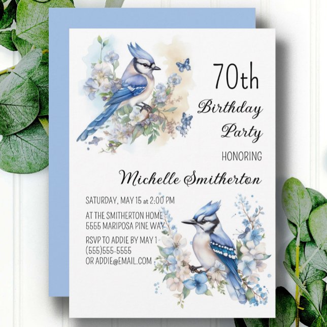 Blue Jay Bird Flowers Springtime 70th Birthday Invitation (Blue jay women's 70th birthday party custom invitations)