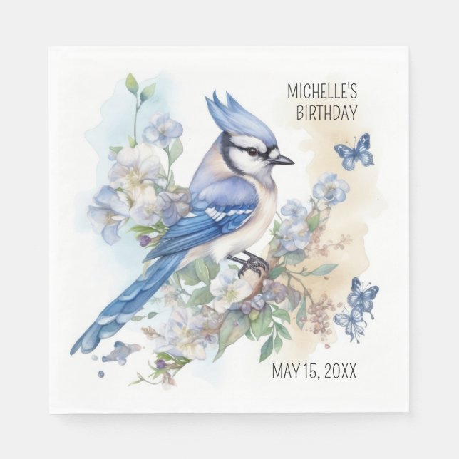 Blue Jay Bird Flowers Springtime Birthday Name Napkin (Front)