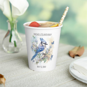 Blue Jay Bird Flowers Springtime Birthday Name Paper Cups
