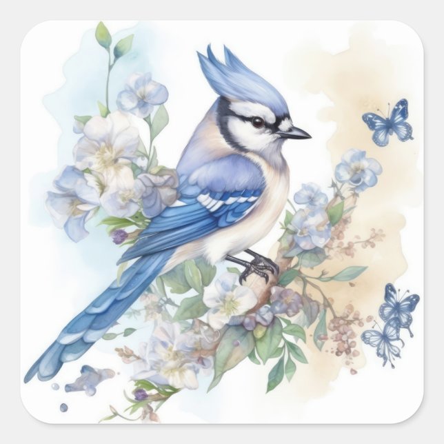 Blue Jay Bird Flowers Springtime Summer Nature Square Sticker (Front)