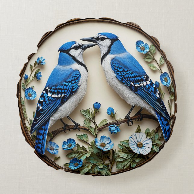 🌿 Blue Jay Bird Living Room Decor 🐦✨ Round Cushion (Front)