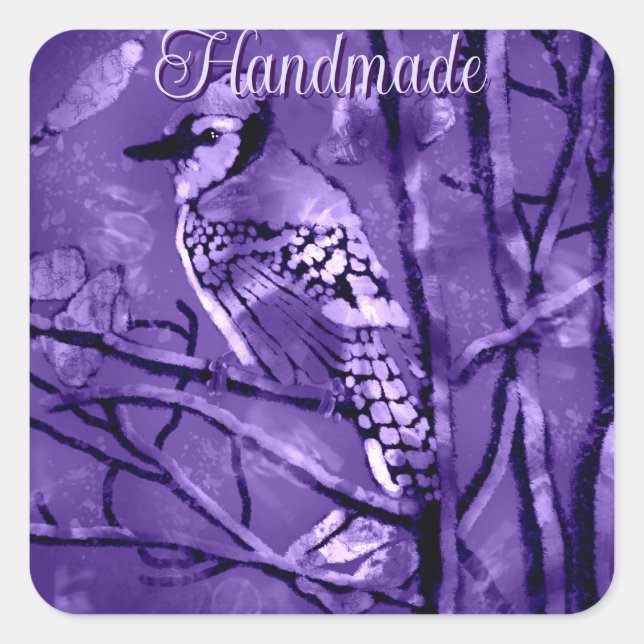 Blue Jay Bird on Tree Branch Handmade Square Sticker (Front)