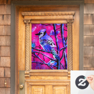 Blue Jay Bird on Tree Branch Pink Abstract Art