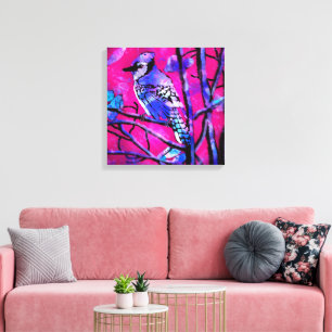 Blue Jay Bird on Tree Branch Pink Abstract Art Canvas Print