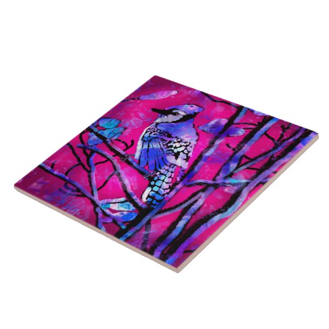 Blue Jay Bird on Tree Branch Pink Abstract Art  Ceramic Tile (Side)
