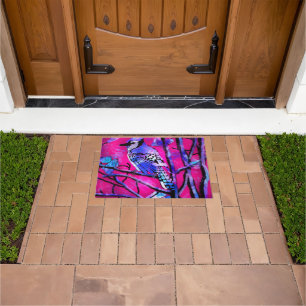 Blue Jay Bird on Tree Branch Pink Abstract Art Doormat