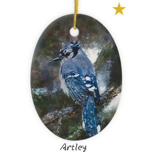 Blue Jay Bird Painting Custom Year Christmas Ceramic Ornament