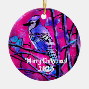 Blue Jay Bird Pink Abstract Art Personalised Ceramic Ornament
