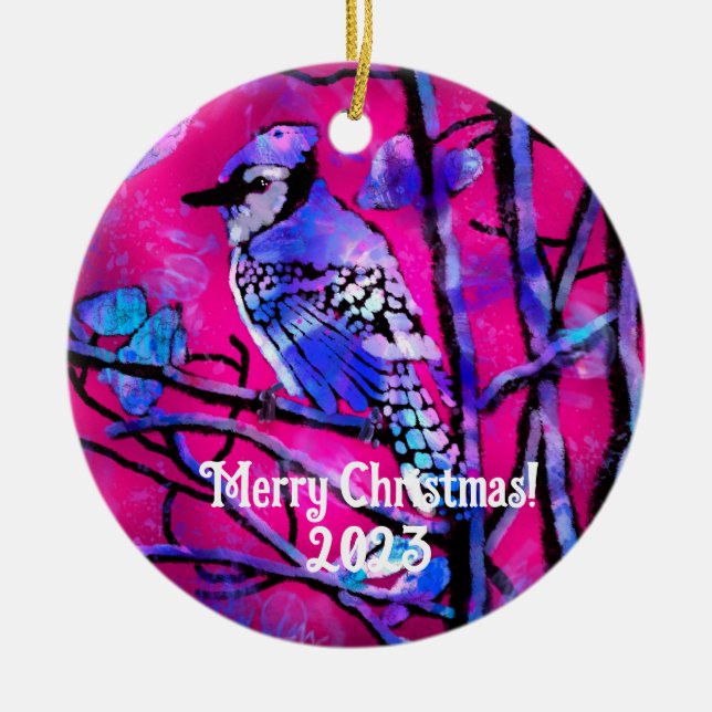 Blue Jay Bird Pink Abstract Art Personalised Ceramic Ornament (Front)