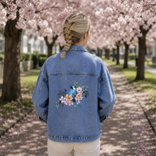 Blue Jay Bird Spring Flowers Nature Illustration Denim Jacket