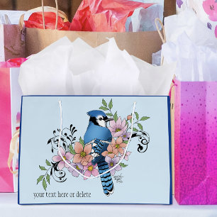 Blue Jay Bird Spring Flowers Nature Illustration Large Gift Bag