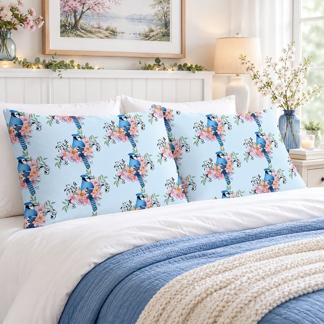 Blue Jay Bird Spring Flowers Nature Illustration Pillowcase (Creator Uploaded)