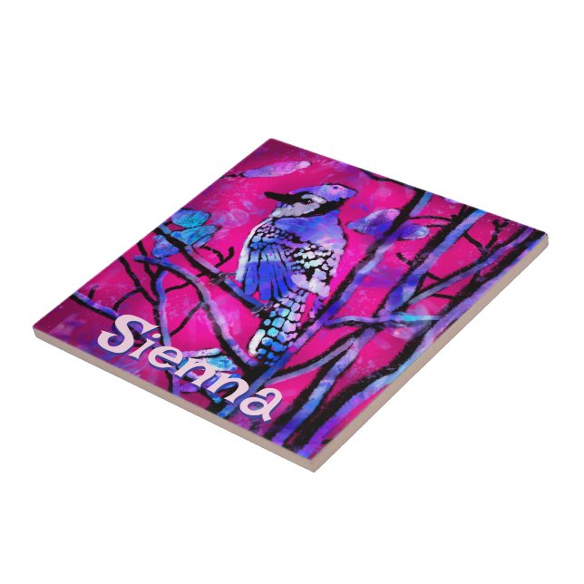 Blue Jay Bird Tree Branch Pink Personalised  Ceramic Tile (Side)