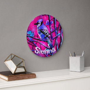 Blue Jay Bird Tree Branch Pink Personalised Large Clock