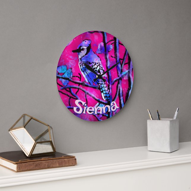 Blue Jay Bird Tree Branch Pink Personalised  Large Clock (Office)