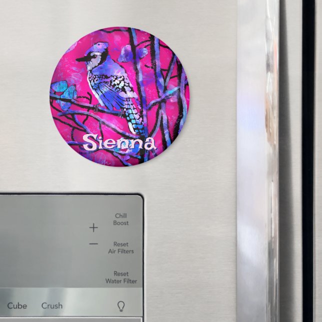 Blue Jay Bird Tree Branch Pink Personalised  Magnet (In Situ (Fridge))