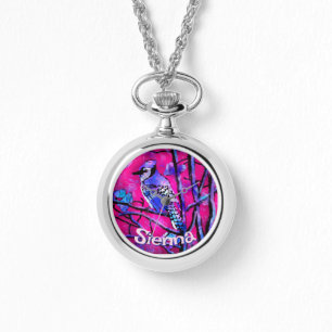 Blue Jay Bird Tree Branch Pink Personalised Watch