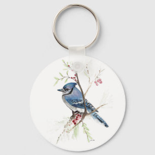 Blue Jay Bird Watercolor Art Keychain