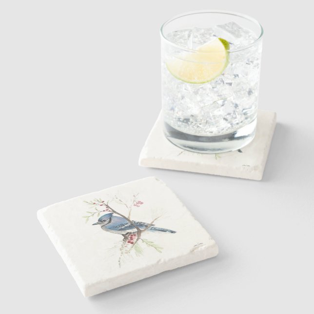 Blue Jay Bird Watercolor Art Stone Coaster (Side)