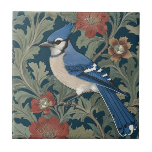 Blue jay Bird William Morris style Left BlueJay Ceramic Tile