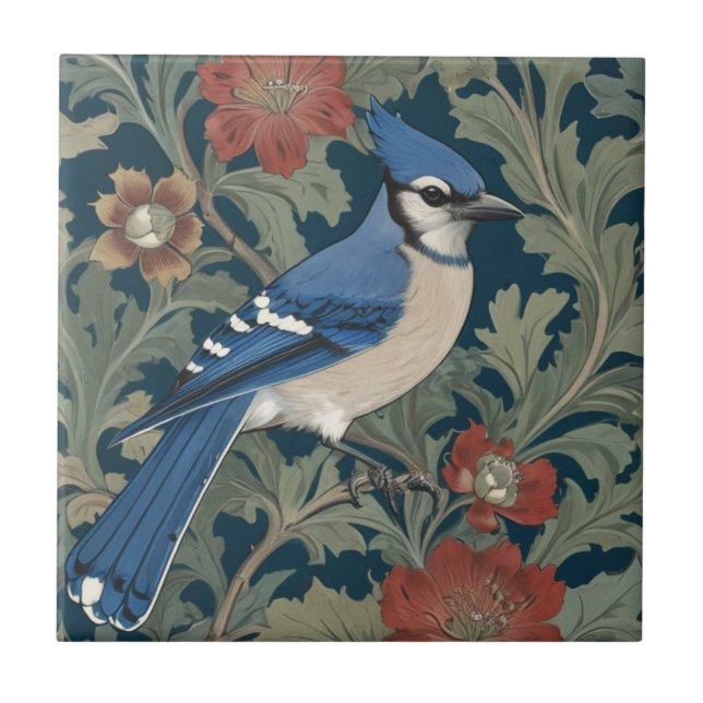 Blue jay Bird William Morris style Right BlueJay Ceramic Tile (Front)