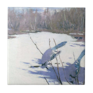 Blue Jay Birds in a Winter Landscape Ceramic Tile