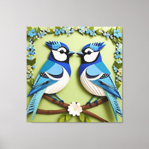 Blue Jay Birds Paper Art Canvas Print
