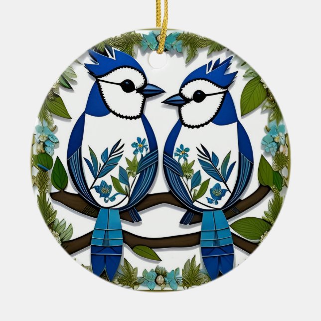 Blue Jay Birds Paper Art Ceramic Ornament (Front)