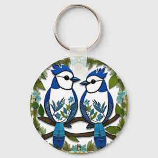Blue Jay Birds Paper Art Key Ring