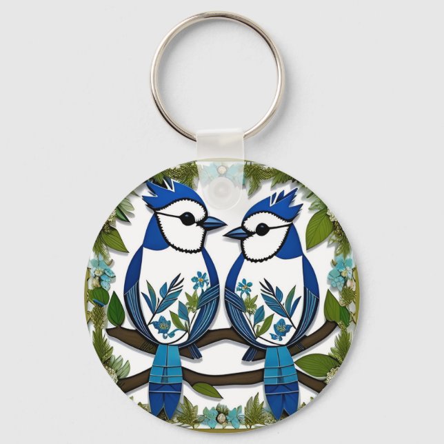 Blue Jay Birds Paper Art Key Ring (Front)