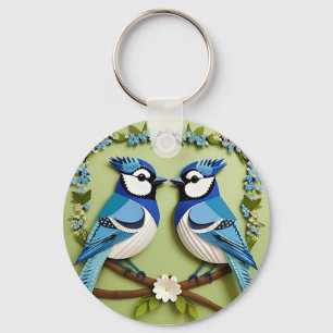 Blue Jay Birds Paper Art Key Ring