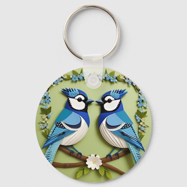 Blue Jay Birds Paper Art Key Ring (Front)