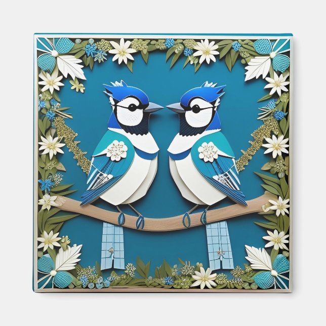 Blue Jay Birds Paper Art Magnet (Front)