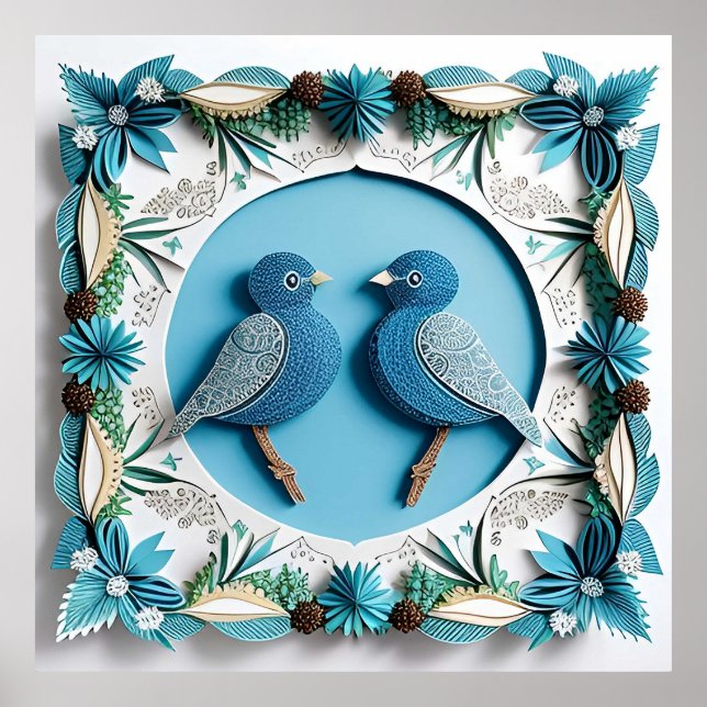 Blue Jay Birds Paper Art Poster (Front)