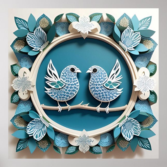 Blue Jay Birds Paper Art Poster (Front)