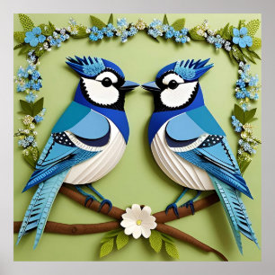 Blue Jay Birds Paper Art Poster