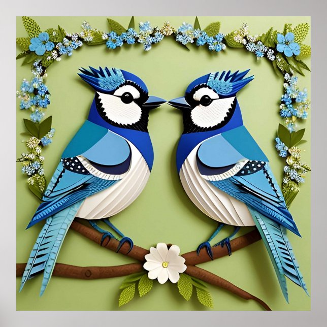 Blue Jay Birds Paper Art Poster (Front)