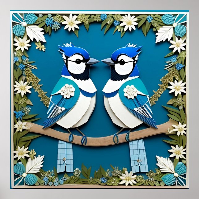 Blue Jay Birds Paper Art Poster (Front)