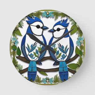 Blue Jay Birds Paper Art Round Clock