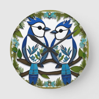 Blue Jay Birds Paper Art Round Clock